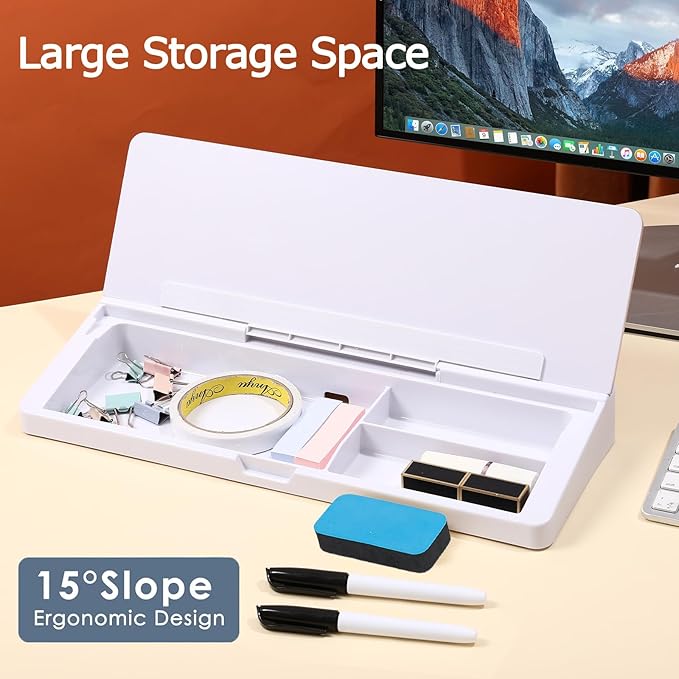 KVY Desk Whiteboard with Storage,Desktop Glass Dry Erase White Board Organizers Supplies with Accessories for Office, Home, School Essentials (White)
