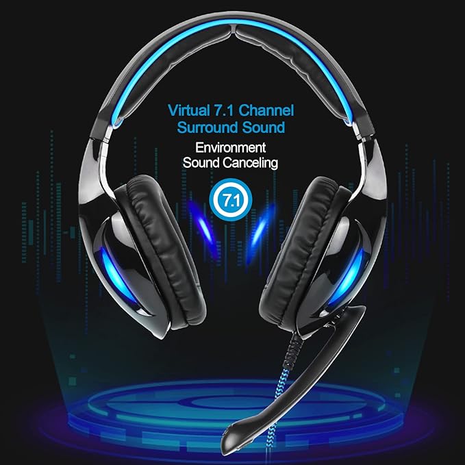 SADES SA902 Stereo Gaming Headset 7.1 USB Surround Sound PC Headsets Over-Ear Gaming Headphones with Microphone LED Light Black Blue
