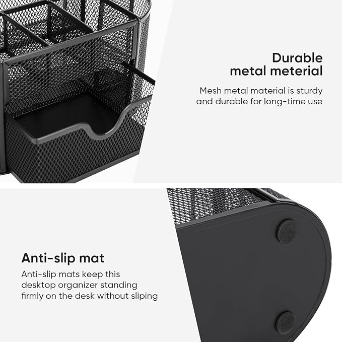 deli Mesh Desk Organizer Office Desktop Organizer with Drawer, Metal Stationary Organizer Desk Caddy Pen Holder, 8 Compartments, Black