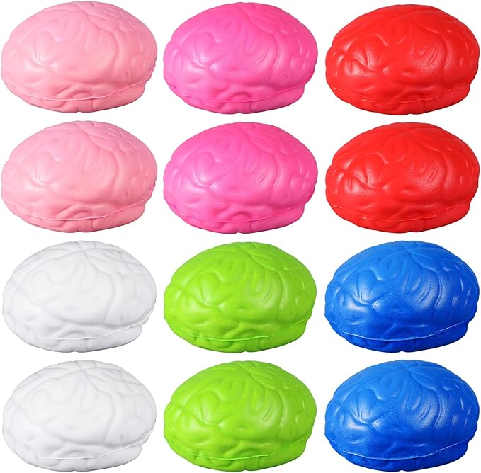 Leitee 12 Pcs Brain Stress Balls Bulk Large Halloween Brain Toys PU Hand Muscle Exercise Pressure Ball Funny Stress Relief Toy for Teens Adult Improving Grip Strength Prop(Colorful)