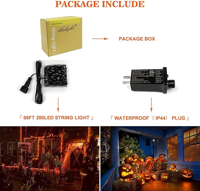 66Ft 200 LED Halloween Fairy Lights Plug in, 8 Modes String Lights with Timer for Outdoor & Indoor, Waterproof Twinkle Lights for Bedroom Garden Party Carnival Supplies Halloween Decorations (Orange)