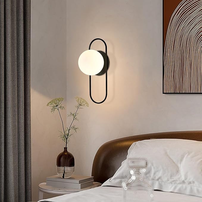 Mid Century Modern Round Wall Sconce 1-Lights Black Globe Wall Sconce Lighting Minimalist Vanity White Glass Bathroom Wall Lamp Farmhouse Bedroom Bar Wall Light