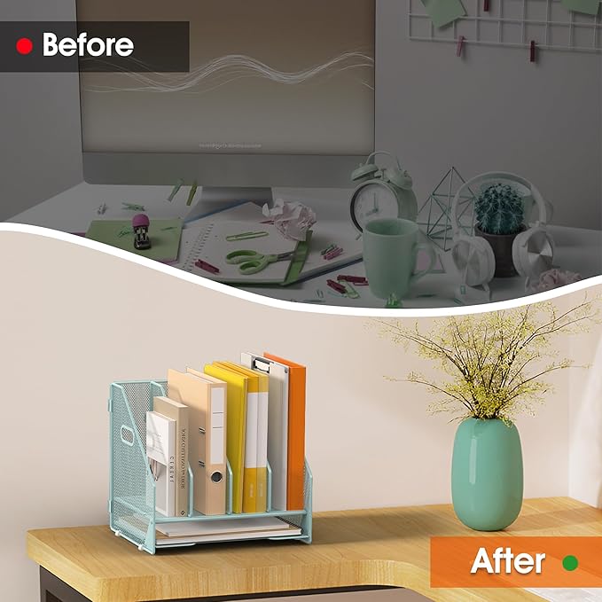 Desk File Folder Holder Organizer-4 Vertical Compartments Racks and Paper Letter Tray,Mesh Magazine File Holder Sorter,Desktop Accessories & Workspace Organizers for Home,Office,School-Blue