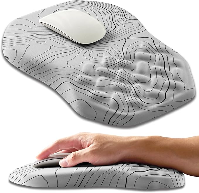 Ergonomic Slope Mouse Pad Wrist Support, Wrist Rest Mousepad for Carpal Tunnel Pain Relief with Massage Bulge and Slow Rebound Memory Foam (12x8 inch, White Contour Lines)