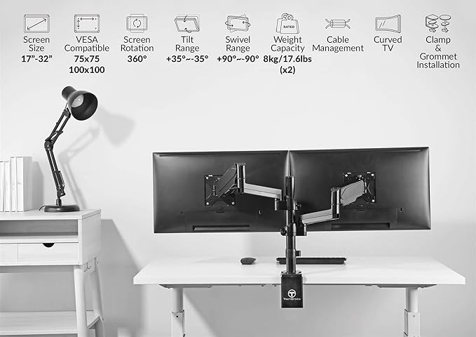 TechOrbits Triple/Double/Single Monitor Mount Stand - Computer Screen Desk Gas Spring Arm (Dual Monitor - Black)