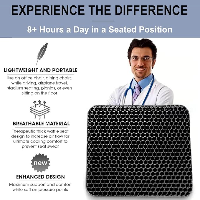 Gel Seat Cushion for Long Sitting Pressure Relief (Super Large & Thick) - Non-Slip Gel Chair Cushions for Back,Sciatica,Tailbone Pain Relief - Seat Cushion for Office Desk Chair,Car Seat,Wheelchair