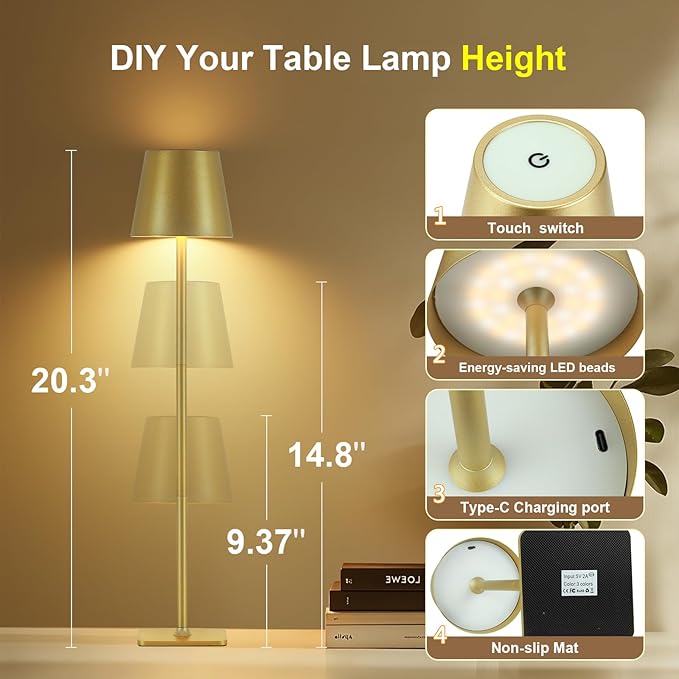 Rechargeable Cordless Table Lamp with Remote 2 Pack, 5200mAh Battery Operated Desk Lamp with Timer, 3-Color Stepless Dimming Wireless Desk Lamp, Portable Table Lamp for Bedroom Restaurant (Gold)