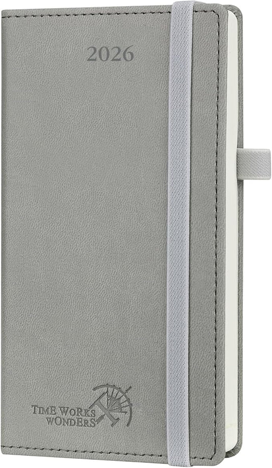 POPRUN Pocket Calendar 2026 (Slim Size-3.5'' x 6.5''), 12 Months (Jan. - Dec. 2026) Small Planner Weekly and Monthly for Purse with Pen Holder, Storage Pocket, Vegan Leather Hardcover - Grey