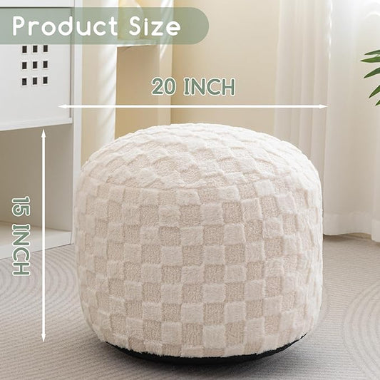 HIGOGOGO Round Stuffed Pouf Ottoman, Plaid Poufs with Foam Chunk Filling, Fluffy and Furry Pouf Foot Stool Storage Ottoman, 20 X 15 Floor Poufs Foot Rest for Living Room, Beige