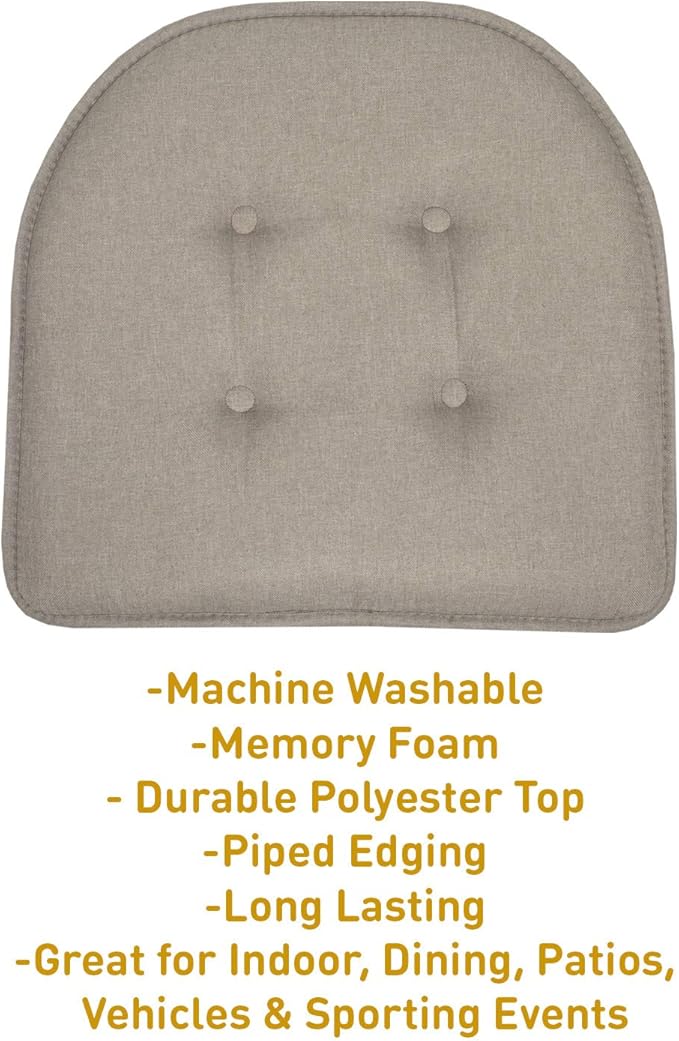 Sweet Home Collection Chair Cushion Memory Foam Pads Tufted Slip Non Skid Rubber Back U-Shaped 17" x 16" Seat Cover, 4 Pack, Khaki, (Pack of 3)