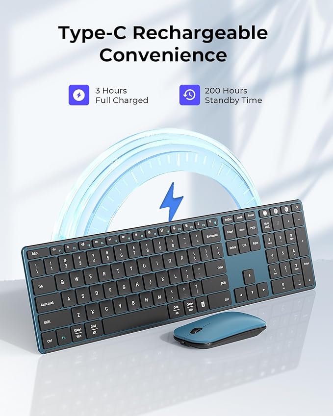seenda Wireless Bluetooth Keyboard and Mouse Combo (USB + Dual BT), SKM64-3 Multi-Device Rechargeable Slim Keyboard and Mouse, Compatible for Win 7/8/10, MacBook Pro/Air, iPad, Tablet - Black Blue