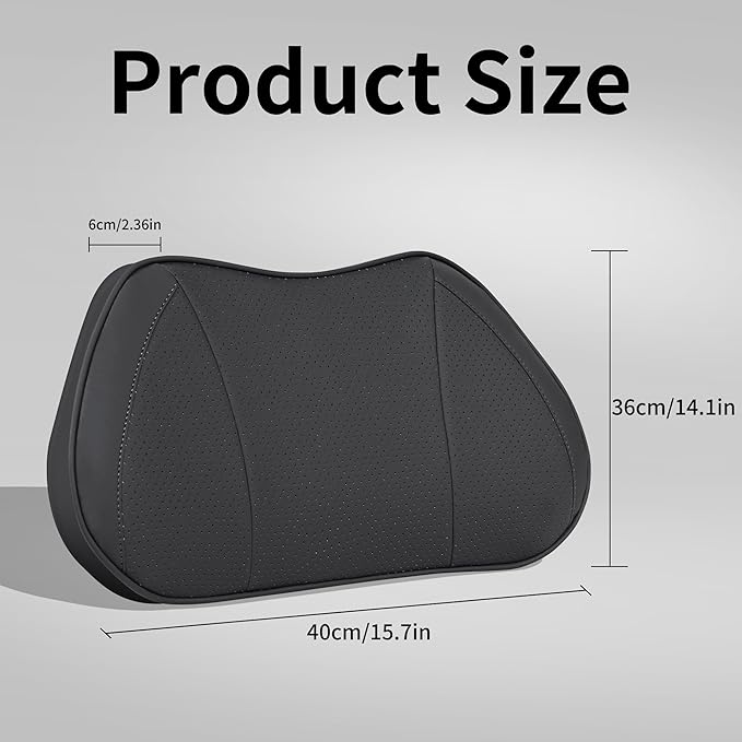 Lumbar Support Pillow for Car, Premium Leather Memory Foam Lumbar Cushion for Lower Back Pain Relief, Universal Back Support for Driving, Home & Office Chairs, Black, 1 Pack