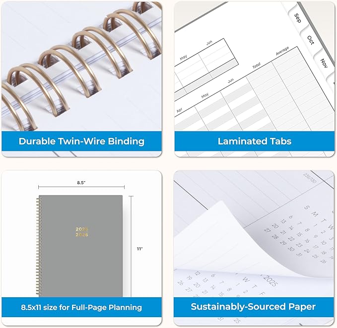 Blue Sky 17 Month 2025-2026 Weekly and Monthly Academic Year Planner Calendar, August 2025 - December 2026, 8.5" x 11", Flexible Cover, Wirebound, Laminated Tabs, Silver Metallic