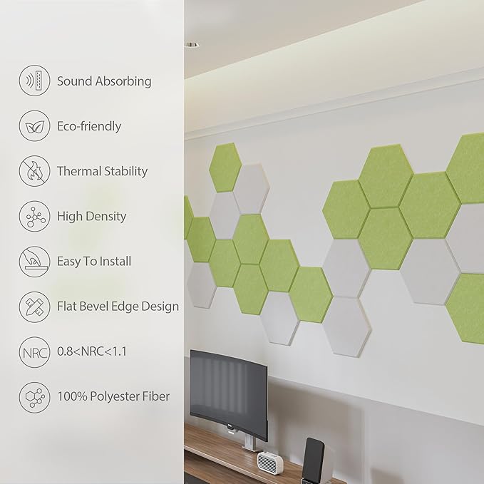 12 Pack Acoustic Panels Self Adhesive Sound Proof Foam, High Density Sound Acoustic Foam Panel, 12 X 10.23 X 0.4 Inch Hexagon Wall Panels in Home,Office,Reccording Room,Studio (Fruit Green)