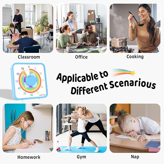 Secura 60-Minute Visual Timer, 7.5 Inch Magnetic Rainbow Countdown Timer for Classroom or Kitchen, Durable Mechanical Timer Clock with Magnetic Backing (Blue & Sun)