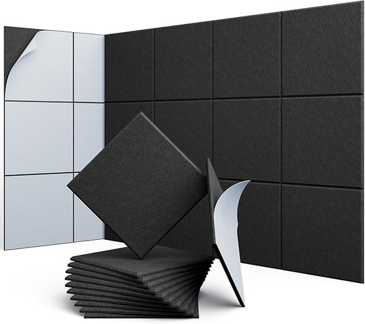 12 Pack 12" X 12" X 0.4" Acoustic Panels for Wall Sound Absorbing, Square Self-Adhesive Sound Panels, High Density Suitable for Multiple Scenarios(Black)