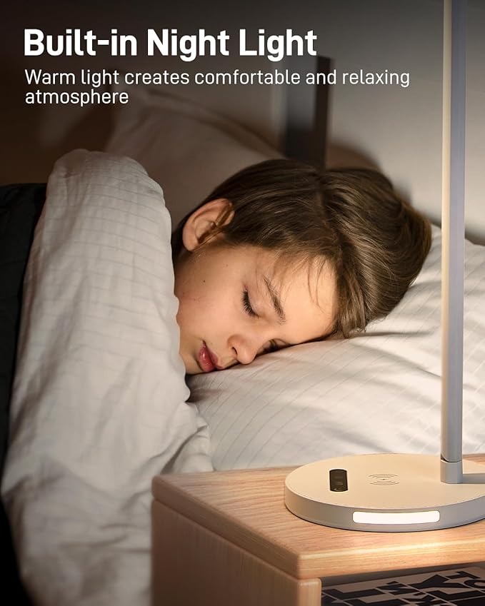 LED Desk Lamp with Wireless Charger, Stepless Dimming Desk Light with 3 Color Modes, Foldable Eye-Caring Study Reading Table Lamp with Night Light for College Dorm Home Office Bedroom Beside(White)