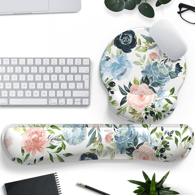 Green Blue Pink Floral Mouse Pad Wrist Support Keyboard Wrist Rest Set, Ergonomic Mouse Pad with Non-Slip Pu Base for Computer Office Comfortable Mouse Wrist Rest Easy Typing & Pain Relief Mouse Pad.