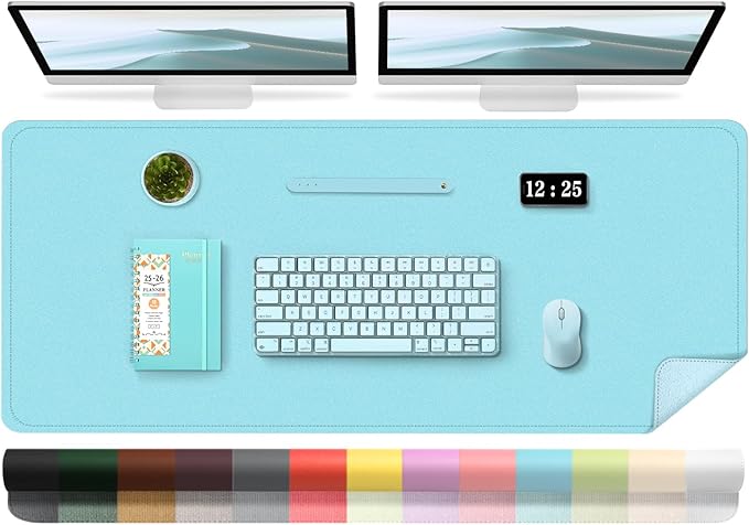 Large Desk Pad 47.2" x 17", Leather Desk Mat Protector, Non-Slip PU Leather Desk Blotter Pad, Large Mouse Keyboard Mat, Waterproof Desk Cover Pad for Office & Home(Aqua Frost Blue)