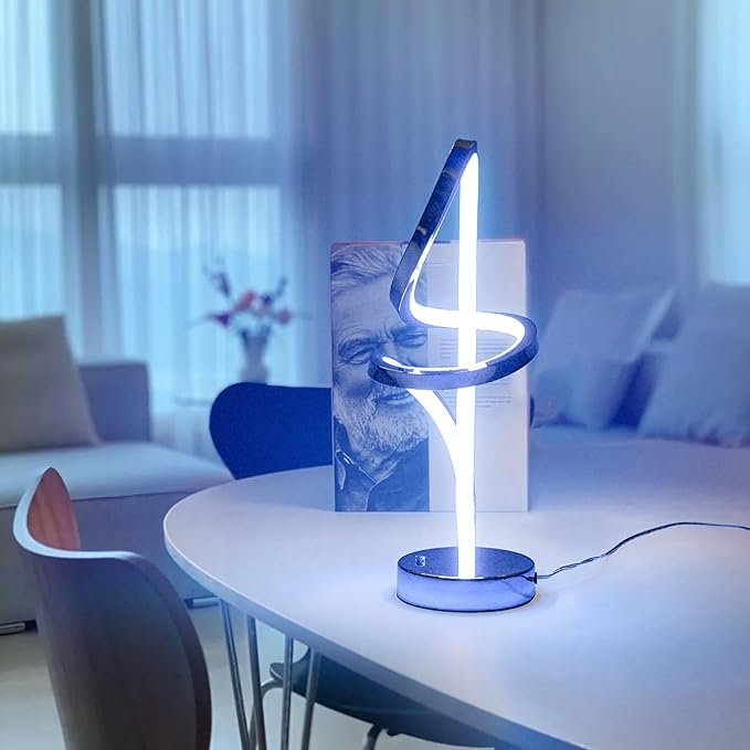 Mayful Modern RGB Table Lamp with LED Spiral Design, Silver Bedside Lamp & Nightstand Lamp, Touch Dimmable with 7 Colors & 10 Modes for Bedroom, Living Room, Home Office, 15W