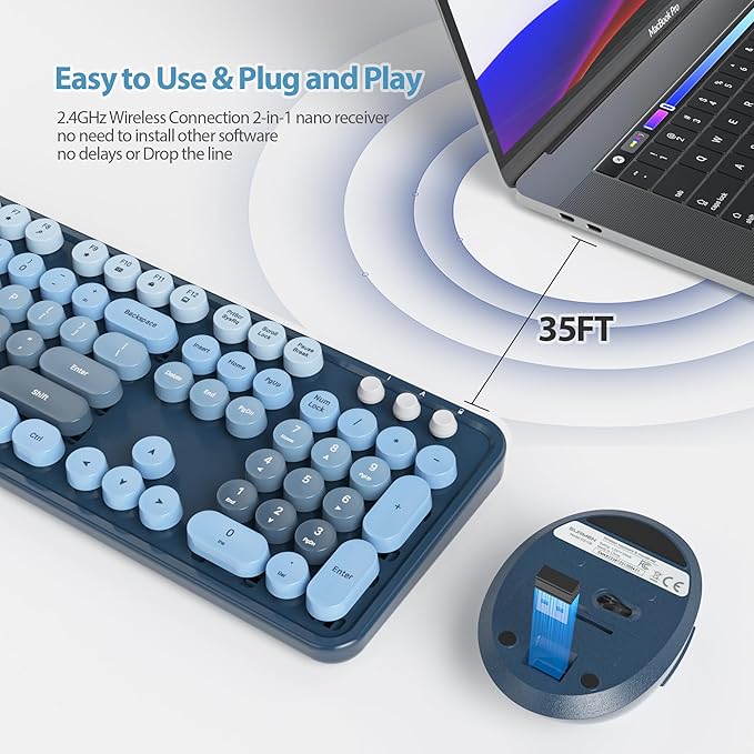 Fogruaden Blue Keyboard and Mouse Wireless, Retro Typewriter Keyboard, 2.4GHz 104 Keys Full Size Cute Keyboard with Number Pad, Gradient Colorful Round Keycaps for Windows PC Desktops Laptop