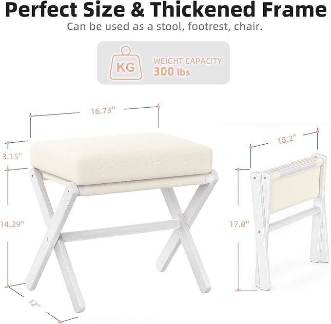 Foldable Foot Stool Ottoman, Modern Foot Rest with Bamboo X Legs & Thick Foam Cushion, Folding Foot Stools Small Padded for Bedroom Living Room, Makeup Vanity Stool Chair (White - White)