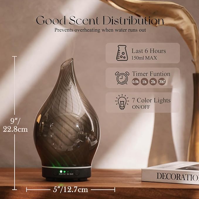 Porseme 150ml Essential Oil Diffuser Glass Color Changing Aroma Air Diffusers Aromatherapy Ultrasonic Cool Mist Humidifier 6 Running Hours Waterless Auto-Off for Sleeping Yoga Office Spa (Pure Grey)