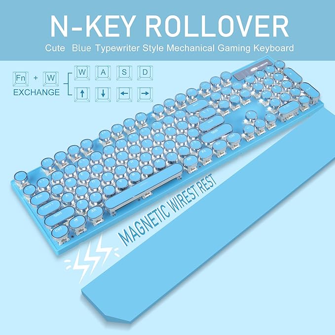 Typewriter Style Mechanical Gaming Keyboard,Retro Punk Gaming Keyboard with White Backlit, 104 Keys Blue Switch Wired Cute Keyboards with Detachable Wrist Rest,Blue Keyboards for Office/PC/Laptop