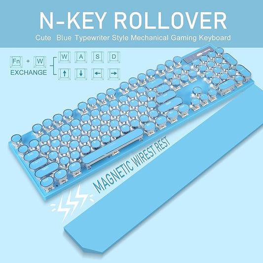 Typewriter Style Mechanical Gaming Keyboard,Retro Punk Gaming Keyboard with White Backlit, 104 Keys Blue Switch Wired Cute Keyboards with Detachable Wrist Rest,Blue Keyboards for Office/PC/Laptop