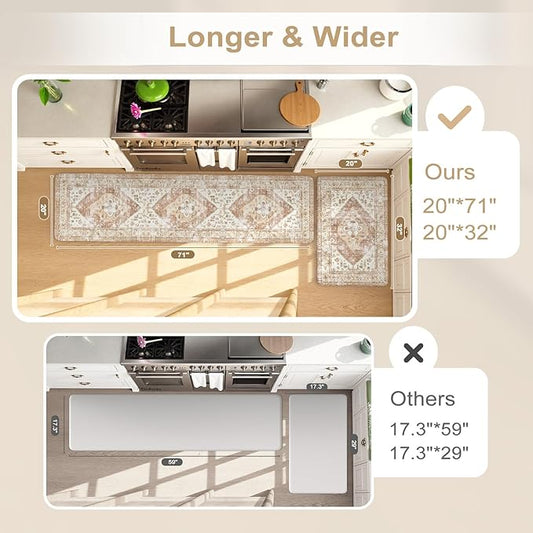 KIMODE Anti Fatigue Kitchen Mats for Floor, Farmhouse Kitchen Rugs Sets of 2, Cushioned Kitchen Floor Mats, Comfort Standing Mats for Sink Laundry Office Desk Khaki 20"x71"+20"x32"