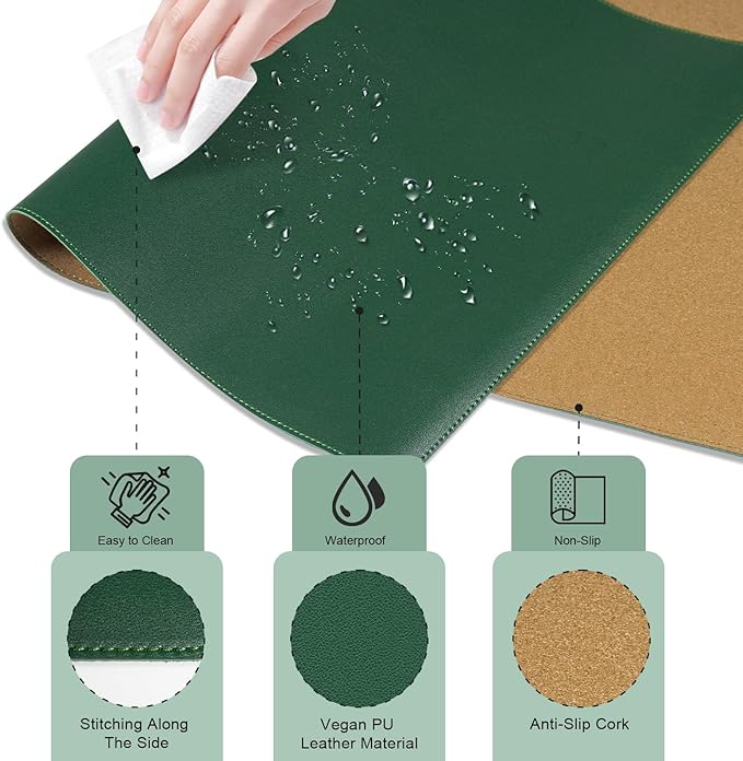 Large Non-Slip PU Leather Office Mat for Home & Office, 55'' x 17'', Laptop Desk Blotter Pad for Mouse and Keyboard, Dark Green