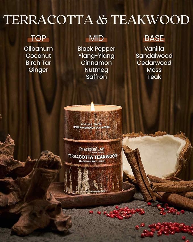 M&SENSE Terracotta Teakwood Scented Candles Natural Non Toxic, Aromatherapy Candle for Stress Relief Meditation Relaxing, Housewarming Gifts for Women Men, 11.3oz 70 Hour Long Burning