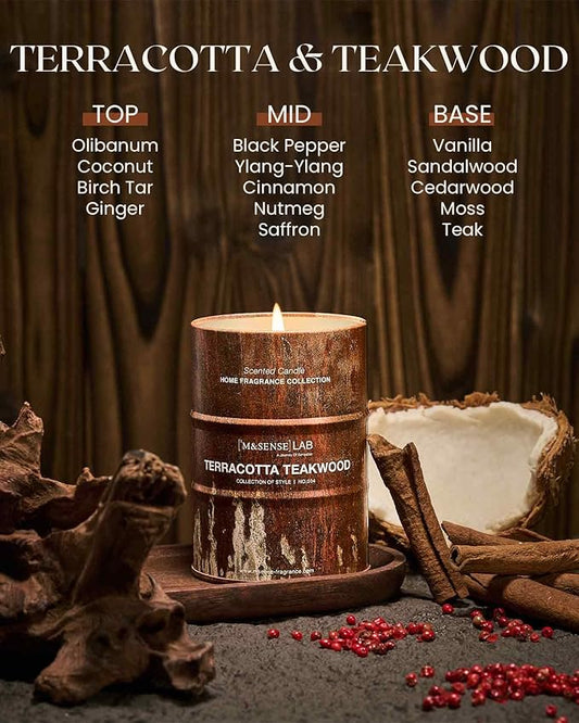 M&SENSE Terracotta Teakwood Scented Candles Natural Non Toxic, Aromatherapy Candle for Stress Relief Meditation Relaxing, Housewarming Gifts for Women Men, 11.3oz 70 Hour Long Burning