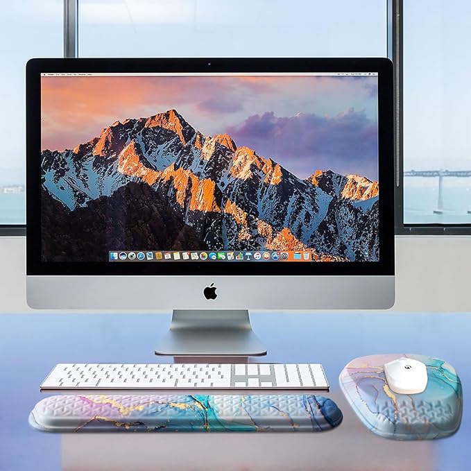 Mouse Pad with Wrist Rest, Comfortable Memory Foam Wrist Rest for Computer Keyboard, Ergonomic Mouse Pad Set for Easy Typing & Pain Relief - Blue Pink