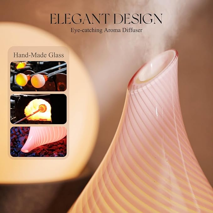 Porseme 280ml Essential Oil Diffuser Glass Color Changing Aroma Air Diffusers Aromatherapy Ultrasonic Cool Mist Humidifier 7 Running Hours Waterless Auto-Off for Sleeping, Yoga, Spa (Pure Pink)