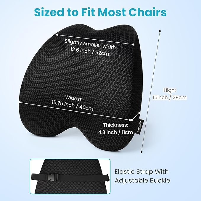 Lumbar Support Pillow Office Chair Car Back Pillow, Ergonomic Lower Back Pain Relief Breathable Air Fiber Cushion for Long Sitting Worker Driver & Handicapped, Adjustable Strap (Dark Grey)