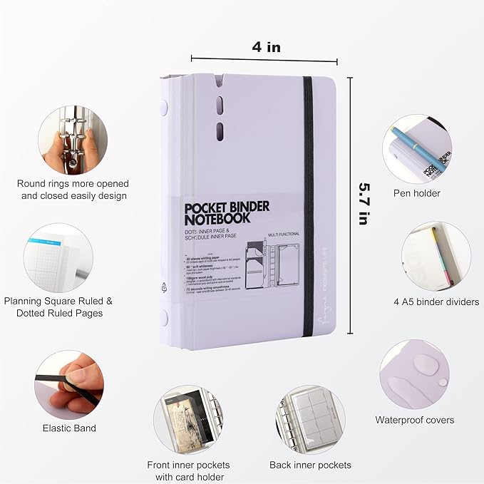 CAGIE A7 Binder 6 Ring Notebook with Dividers Refillable Planner Binder with Pockets, Refill Paper Include Planning Square Ruled and Dotted Pages, 4.13 x 5.71 In, (Light Purple, A7 Hourly&Dot Page)