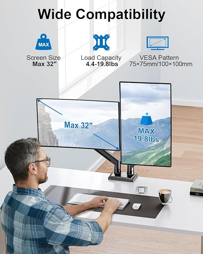 Dual Monitor Mount Fits 17 to 32 Inch Computer Screen, Dual Monitor Arm Hold 4.4-19.8lbs Each, Full Motion Monitor Desk Mounts for 2 Monitors, Gas Spring Monitor Stand, VESA Mount, Freelift