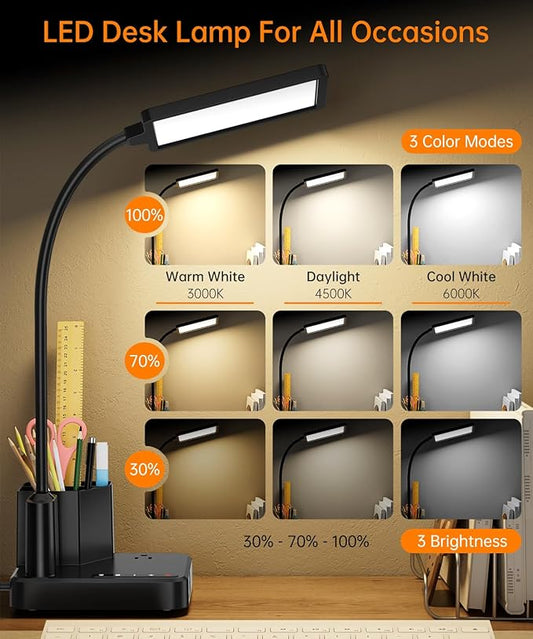 Desk Lamp, COZOO LED Desk Lamps for Home Office with USB Charging Port/Outlet/Organizer,Desk Lamp for College Dorm Eye-Caring Study Light,Gooseneck Table Lamp with Pen Holders/Storage,9 Lighting Modes