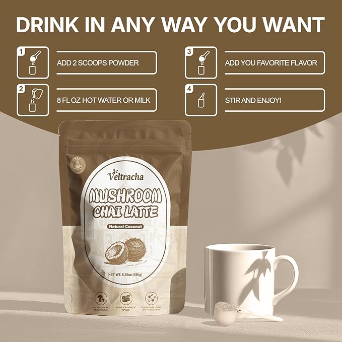 Veltracha Mushroom Chai Tea, Instant Chai Tea Powder with 6 Adaptogenic Mushrooms, Spiced Chai Latte for Energy & Focus Support, 6.35 oz 20 Servings (Natural Coconut)