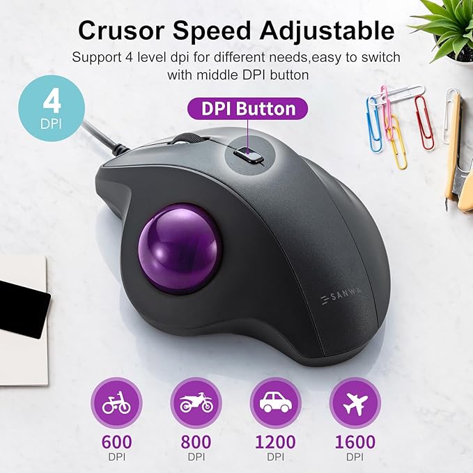 SANWA Wired Ergonomic Trackball Mouse, Optical Vertical Rollerball Mice, Silent Buttons, 34mm Trackball, 600/800/1200/1600 DPI, Compatible with MacBook, Laptop, Computer, Windows, macOS, Purple