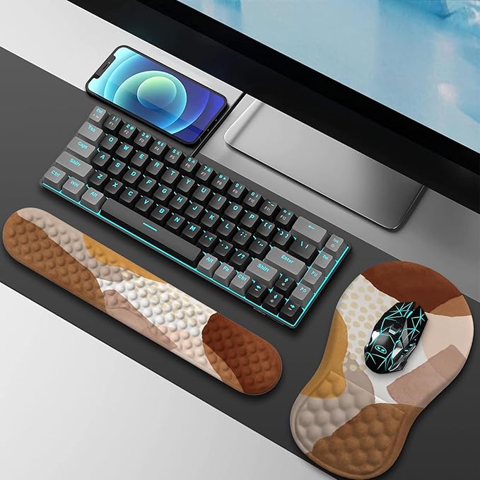 HAOCOO Ergonomic Mouse Pad with Wrist Support and Keyboard Pad Set, 3 PCS Computer Carpal Tunnel Mouse Pads for Desk with Coaster, Memory Foam Mousepad for Home Office, Brown Boho