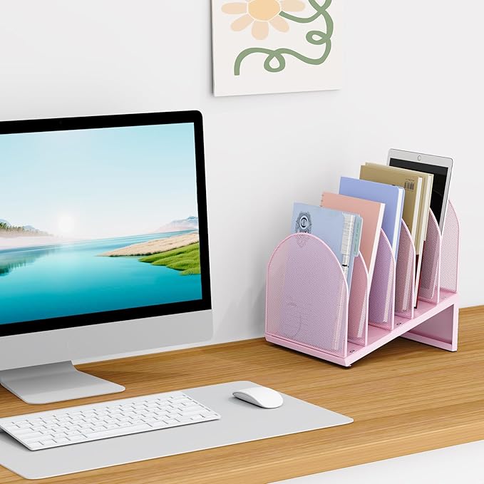 5-Section Desk File Organizer, Metal Mesh Folder Organizer for Documents, Mail & Office Papers (Pink)