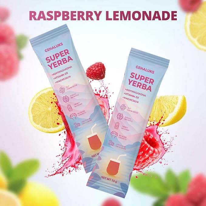 Super Yerba Instant Powder Packets | Raspberry Lemonade Flavor | 30 Servings for Sustained Energy, Mental Focus & Gut Health | Natural Mate Tea with Prebiotics & Probiotics | Non-GMO