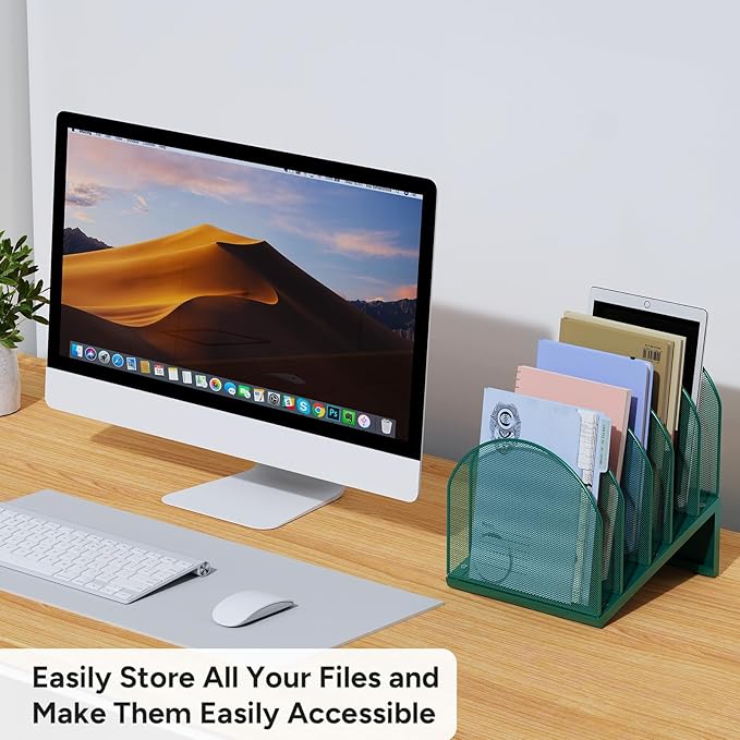 5-Section Desk File Organizer, Metal Mesh Folder Organizer for Documents, Mail & Office Papers (Green)