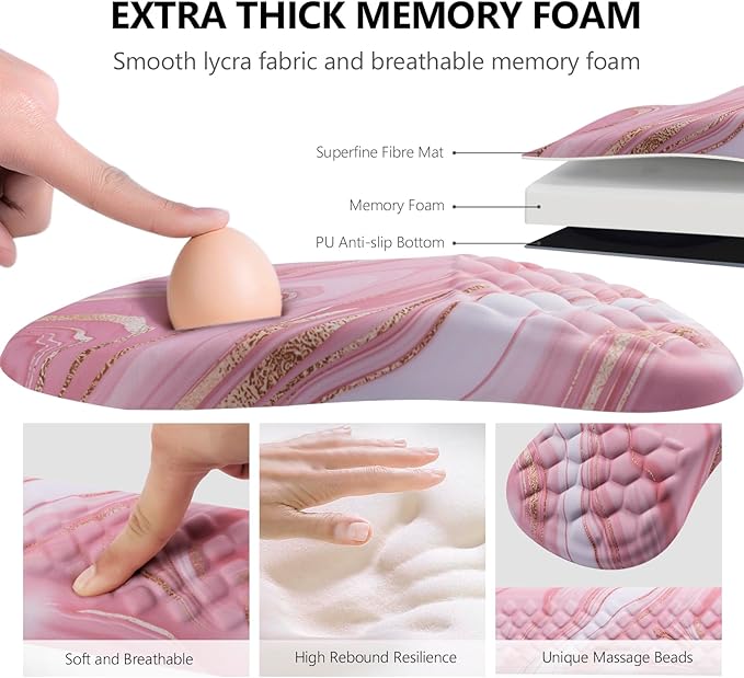 Mouse Pad Wrist Support, Laokiiy 2 in1 Keyboard Wrist Rest+ Ergonomic Mouse Pad, Non-Slip Wrist Rest for Computer Keyboard, Made Easy Typing & Relieve Wrist Pain(Rose Gold Pink Marble)