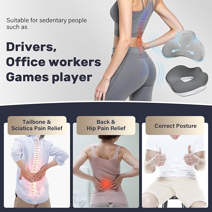 Coverado Seat Cushion and Lumbar Support Pillow for Car Office Chair, Ergonomic Memory Foam Desk Chair Cushion Back Support Pillow, Sciatica & Back & Tailbone Pain Relief Cushion