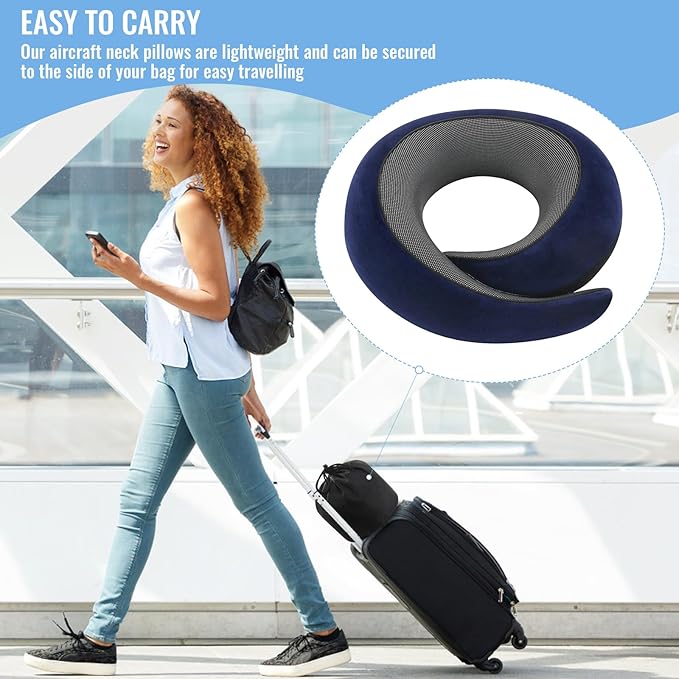 Badink® Memory Foam Neck Travel Pillow, Neck Pillow Airplane with MagicStrap – Adjustable Ergonomic Travel Pillow for Office/Airplane/Car, Washable Cover, Portable Cervical Support (darkblue)