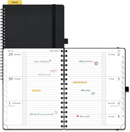 POPRUN 2026 Weekly and Monthly Planner Calendar, January 2026 - December 2026,Medium-6.75" X 8.75" Spiral Bound Appointment Book, Includes Monthly Tabs, Inner Pocket,Soft Cover - Black
