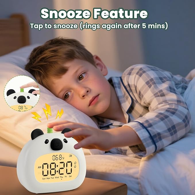Panda Alarm Clock with Night Light for Kids – Cute Digital Sleep Trainer with LED Display, 3 Alarms, Countdown Timer, Adjustable Brightness – Rechargeable Bedside Clock for Boys and Girls